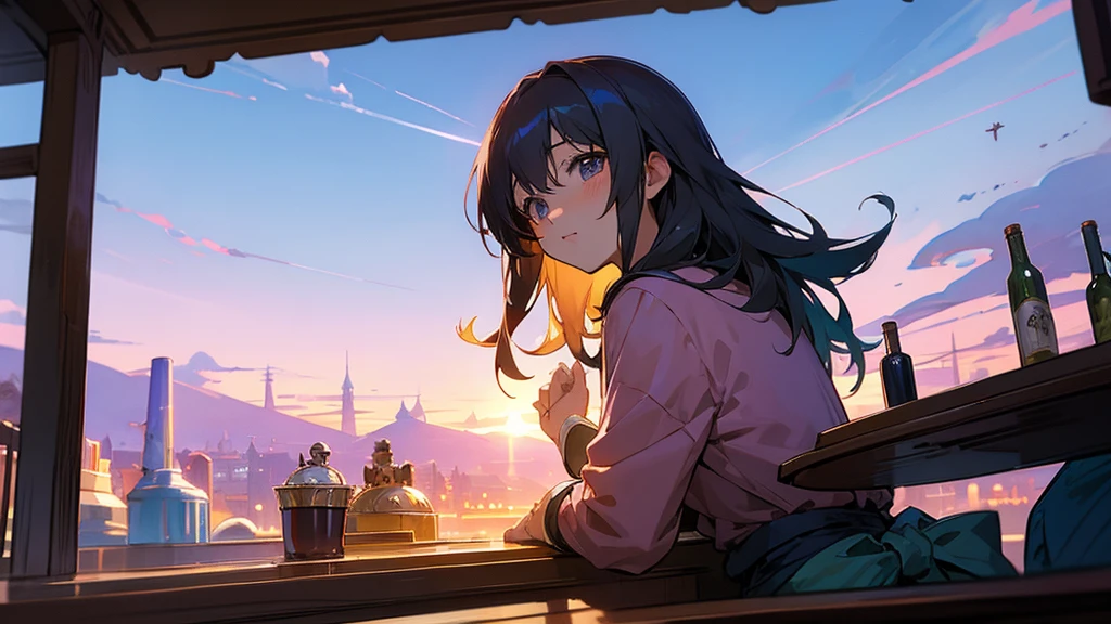 Anime Style,Nostalgic,Detailed background,Magical World,A lively bar with lots of people,Beautiful sky,Bard's Smiling Beauty,guitar,Large Breasts,Healthy thighs