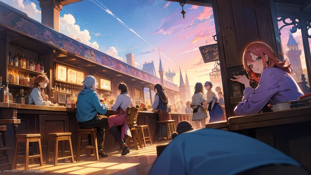 Anime Style,Nostalgic,Detailed background,Magical World,A lively bar with lots of people,Beautiful sky,Bard's Smiling Beauty,guitar,Large Breasts,Healthy thighs
