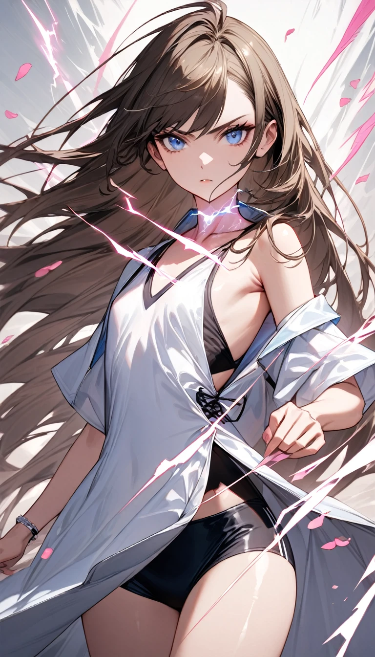 (masterpiece)、(absurdres)、(ultra detailed)、solo lady、dark blonde hair:1.2,(straight long hair)、BREAK、(shiny blue eyes:1.0)、BREAK、(athletic)、[flat chest]、(during:0.9)、(pierce:0.8)、(bracelet:0.7)、BREAK,(A large white flash of lightning on his neck)、A large amount of white and pink petals floating in the air、BREAK,cowboy shot,serious,