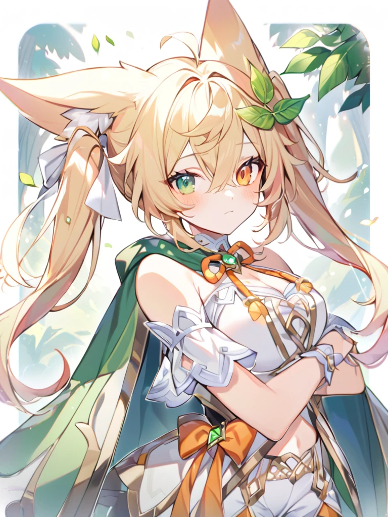 1boy, bangs, choker, gem, green cape, green eyes, green gemstone, hair between eyes, leaf, leaf hair ornament, long hair, looking at viewer, male focus, , pink hair, shirt, short sleeves, solo, upper body,ears , separate green ears, genshin clothes, funny guy , in full growth He stands in the forest in a place with a fox girl 1girl, The fox girl,bangs, bare shoulders, blonde hair, blush, bow, breasts, white cleavage, cropped torso, , green eyes, hair ribbon, heterochromia, stlooking at viewer, , orange bow, orange eyes, orange ribbon, stuffed toy, twintails, upper body, full-length, white legbands, white shoes with lace and white bows, white background, wrist cuffs, yellow eyes, bloomers, close-up, fair skin frills, lace, midriff, skirt, solo, , white background,shorts, white top with ribbon and lace and trousers,trousers, genshin,white slippers with a bow,All clothes are white, laceAt full height,
