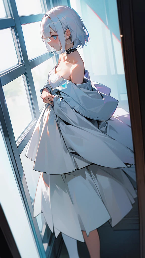 1  with white hair,standing by the window,Wear an off-the-shoulder outfit
