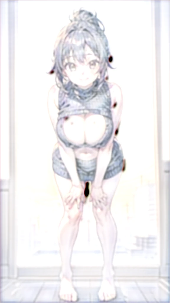 masterpiece, Highest quality, One girl, short ponytail、black hair、virgin killer sweater, (sweater dress:1.2), ribbed sweater,sideboob,cleavage cutout, turtleneck sweater,(broen sweater:1.3),(crop top navel)、sleeveless,gentle smile、full body,from front,huge breasts,leaning forward、breast hold
