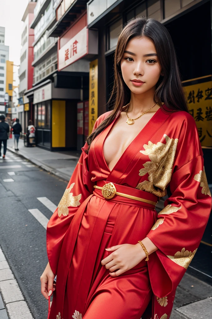 Young woman in red kimono with gold accessories on street.