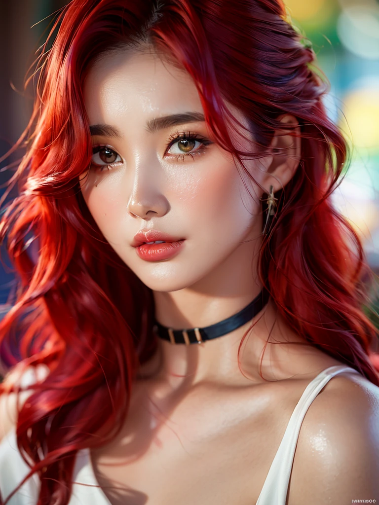  1girl, alone, solitary, high quality, (best quality,4k,8k,highres,masterpiece:1.2),ultra-detailed,(realistic,photorealistic,photo-realistic:1.37),gorgeous hair,bright red hair,long hair with bangs,sharp eyes,mole under the eye,plump lips,jewelry,(high detailed skin:1.4),(rim lighting:1.3),(lit:1.3),(sunny day:1.3),portrait,beautiful lips,waist-length hair,seductive gaze,moles,casual clothes,colorful clothing,close up,super long hair,choker necklace,bangs,fringe,dimples on the cheeks,dimples,red hair,rubyredhair,ruby red hair,black,red lips,red lipstick,round lips,round pouty lips,pouty lips,douyin makeup,sparkly makeup,blue,green,pink,purple,wine red,piercings,gems,lipstick,lip gloss,navel piercing, girl,innocent,red hair,dyed hair,cherry red hair,cherry red,cherry hair,redhead,youthful,modest,covered cleavage,delicate,pretty girl,close up,closeup,20 years old,modest,pretty blouse,neon red hair,bright red hair,redhair