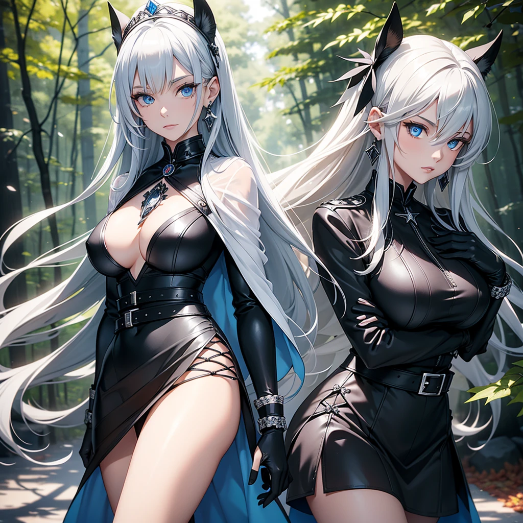 a beautiful woman with long silver hair, pointed ears, and bright blue eyes, wearing a black dress with a high collar and short skirt, a thick silver chain belt with a round silver medallion, black leather gloves, and silver earrings with a small blue sapphire, walking through a red maple forest with falling red maple leaves covering the ground, sunlight streaking through the trees, highly detailed, photorealistic, masterpiece.