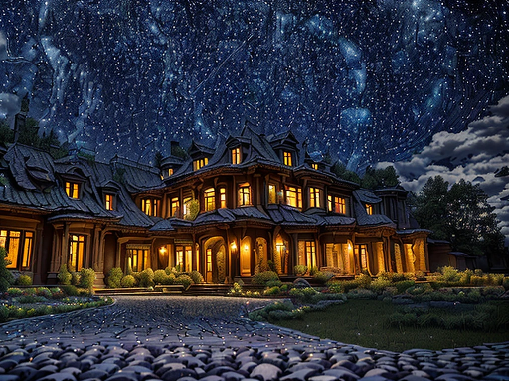 (((Masterpiece))), (high quality),(A dark mansion,One-storey,Darkness is spreading,Cobblestone garden,Broken fountain:1.5),(Late Night,Starry Sky:1.5),(There is no one here:1.5),(Long Shot,Photograph the entire Western-style building:1.5)