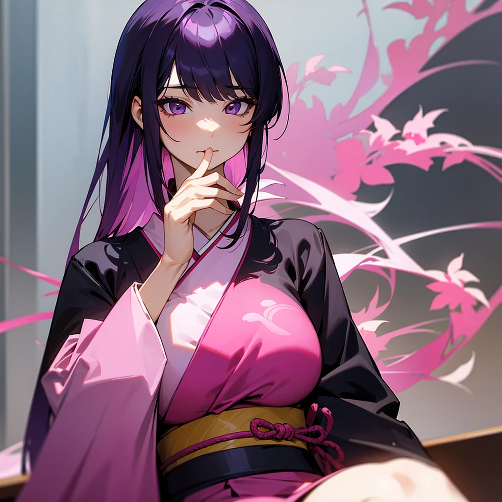 Has pink, glossy black hair and purple hair, height 169 and wearing a red Japanese kimono, she is at the cafe, big breast