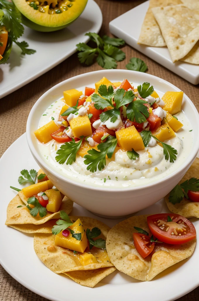 Give me a picture of Papad based canapes with the the mix of chopped papaya,chopped mango amd chopped tomato and the yogurt are there and garnished by coriander leaves. 