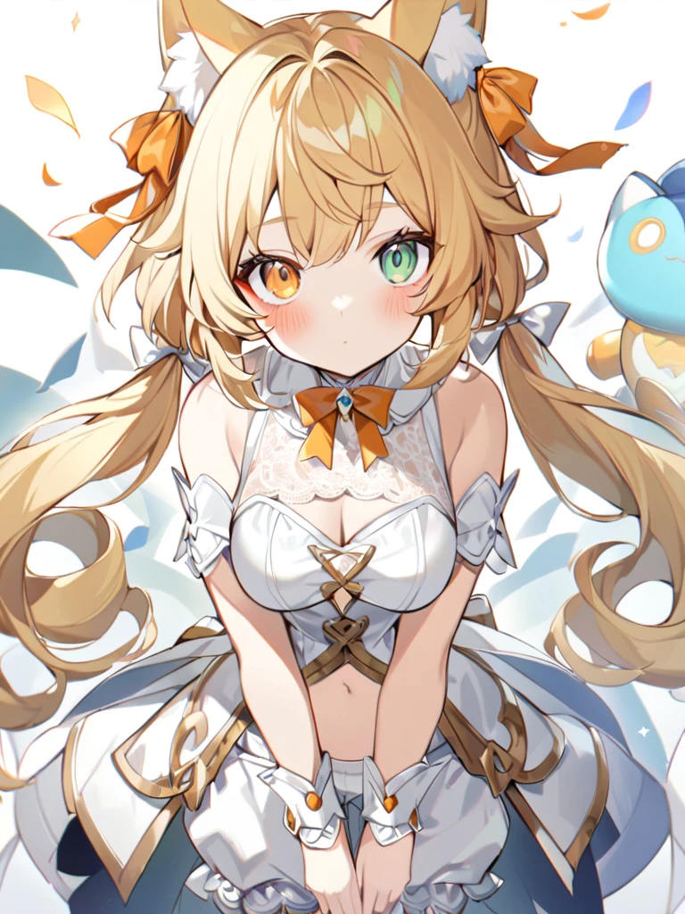 1girl, Cute girl, big eyes,Nice face,The fox girl,bangs, bare shoulders, blonde hair, blush, bow, breasts, white cleavage, cropped torso, , green eyes, hair ribbon, heterochromia, stlooking at viewer, , orange bow, orange eyes, orange ribbon, stuffed toy, twintails, upper body, full-length, white legbands, white shoes with lace and white bows, white background, wrist cuffs, yellow eyes, bloomers, close-up, fair skin frills, lace, midriff, skirt, solo, , white background,shorts, white top with ribbon and lace and trousers,trousers, genshin,white slippers with a bow,All clothes are white, laceAt full height, it stands, He just stands there with his hands at his sides