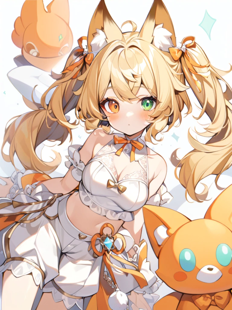 1girl, Cute girl, big eyes,Nice face,The fox girl,bangs, bare shoulders, blonde hair, blush, bow, breasts, white cleavage, cropped torso, , green eyes, hair ribbon, heterochromia, stlooking at viewer, , orange bow, orange eyes, orange ribbon, stuffed toy, twintails, upper body, full-length, white legbands, white shoes with lace and white bows, white background, wrist cuffs, yellow eyes, bloomers, close-up, fair skin frills, lace, midriff, skirt, solo, , white background,shorts, white top with ribbon and lace and trousers,trousers, genshin,white slippers with a bow,All clothes are white, laceAt full height, it stands, He just stands there with his hands at his sides