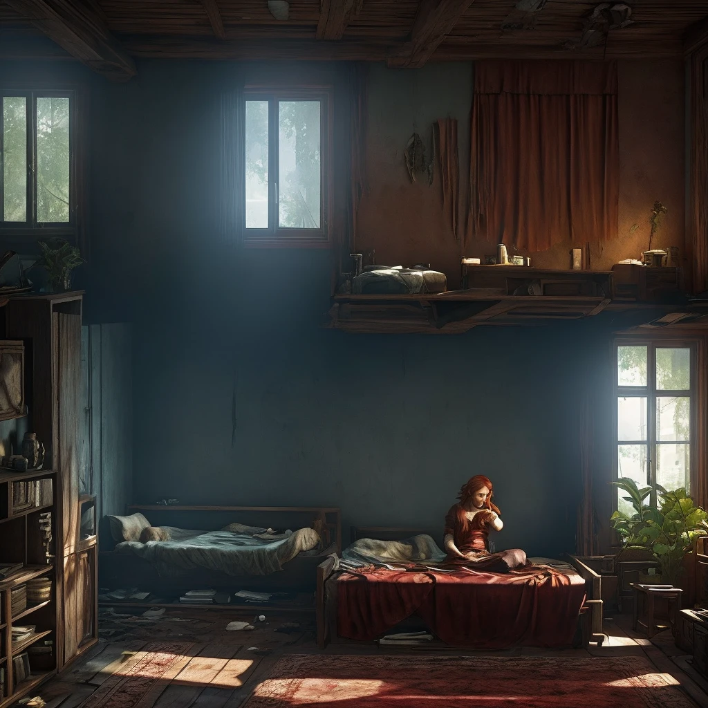 I'd like to create a red-haired woman, tying her hair, while she's in her apartment on FEDRA (not very in good condition). The last of us part 1 theme. She's alone.