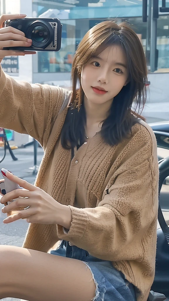 Woman taking selfie with mobile phone，Selfie angle，Selfie angle，Selfie camera viewing angle，趴在床上向后Photograph，Photograph， 趴在床上Photograph，Wearing underwear，Selfie angle，detail，high quality