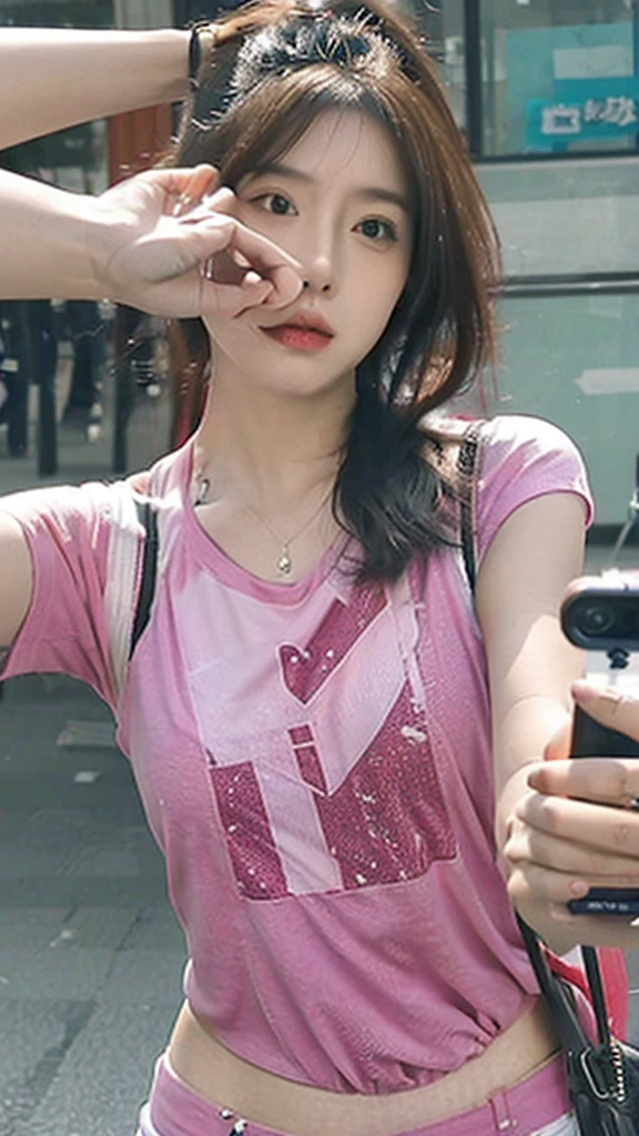 Woman taking selfie with mobile phone，Selfie angle，Selfie angle，Selfie camera viewing angle，趴在床上向后Photograph，Photograph， 趴在床上Photograph，Wearing underwear，Selfie angle，detail，high quality
