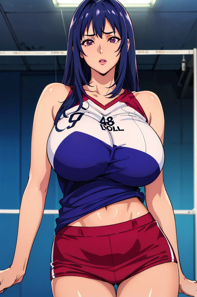 showing her armpits, (voleyball t-shirt), (voleyball short pants), volleyball court background, NJAkiV4, oda non style, anime cels style, pink lipstick, purple eyes, (long hair), best quality, high resolution, (cowboy shot, 1 girl, 30yo,Young female,Beautiful Finger,Beautiful long legs,Beautiful body, Beautiful Nose,Beautiful character design, perfect eyes, perfect face,expressive eyes, perfect balance, looking at viewer,(Focus on her face), official art,extremely detailed CG unity 8k wallpaper, perfect lighting,Colorful, Bright_Front_face_Lighting,White skin, (masterpiece:1.0),(best_quality:1.0), ultra high res,4K,ultra-detailed, photography, 8K, HDR, highres, absurdres:1.2, Kodak portra 400, film grain, blurry background, bokeh:1.2, lens flare, (vibrant_color:1.2),professional photograph, (Beautiful,huge_Breasts:1.4), (beautiful_face:1.5),(narrow_waist)