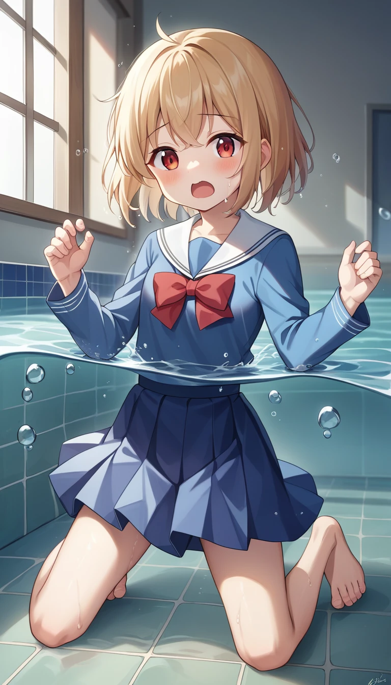 score_9, score_8_up, score_7_up, source_アニメ, masterpiece, 1girl, (work), blue dress, white sailor collar, red bowtie, white long sleeves, full body, looking at viewer, indoors, open mouth, Water Play, 、(Skirt fully open)、Long wide skirt、cute、(White underwear)、blush、Watery eye、Lots of water、Wet、((The skirt spreads over the water surface.))、(Drowning)、Underwater Shot Of The Swimming pool