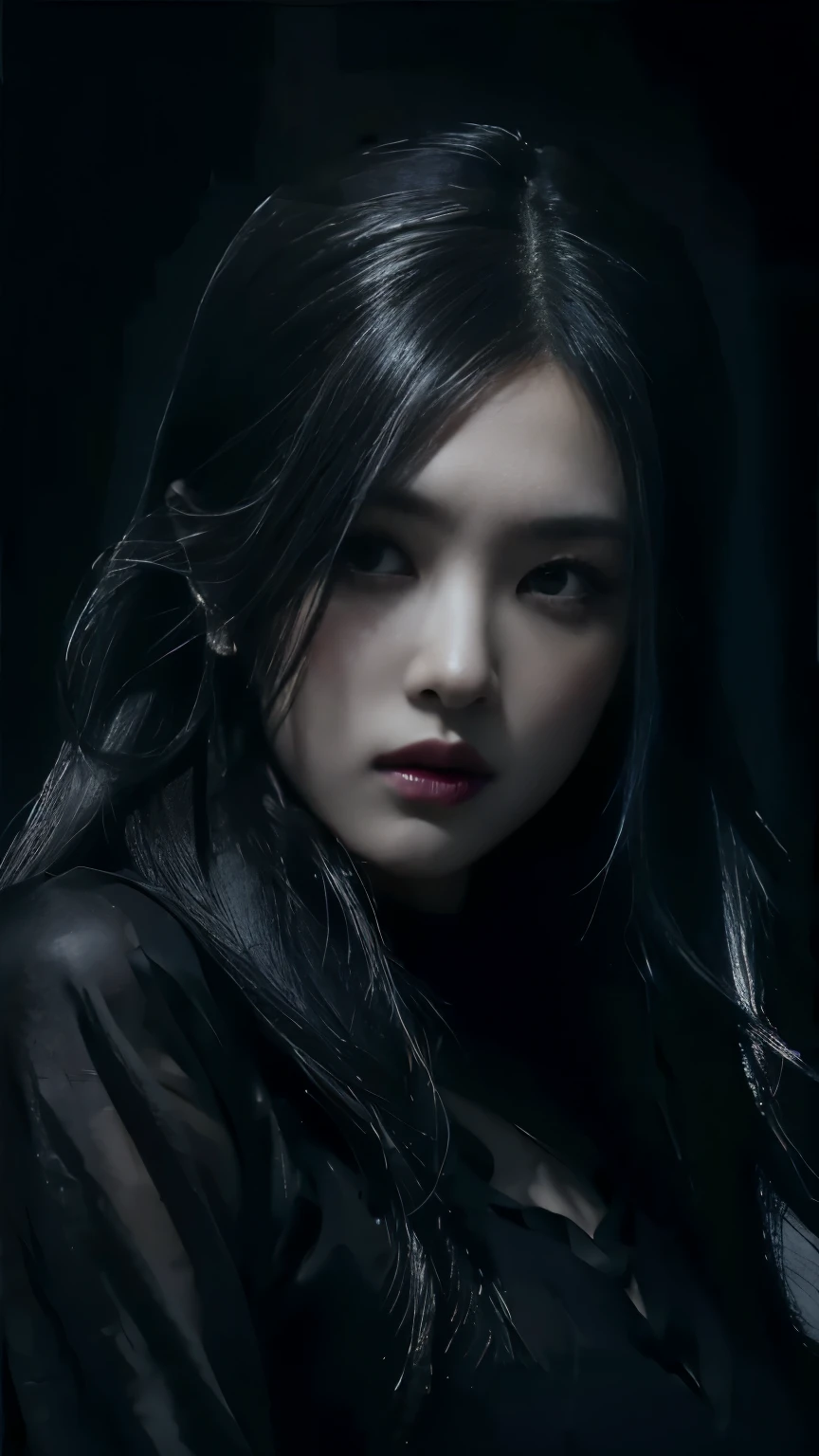 (best quality, highres:1.2), realistic, black dress, black hair, dark theme, black background, dark ninja, intense gaze, elegant posture, flowing dress, detailed facial features, long eyelashes, contrast, fine details, dramatic atmosphere, gothic style, intense emotions, monochrome color palette, captivating setting, haunting beauty, artistic photography, everything is black