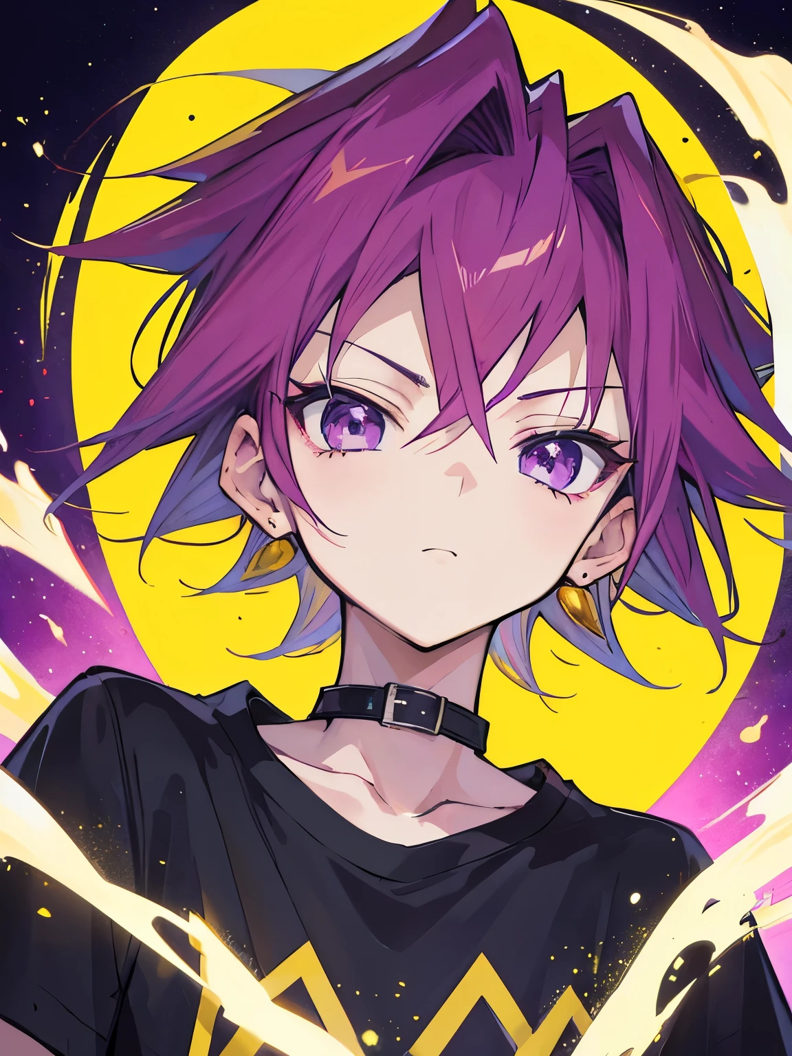 masterpiece, best quality, portrait, yugioh style,1boy, short hair, yellow hair, black t-shirt, purple eyes