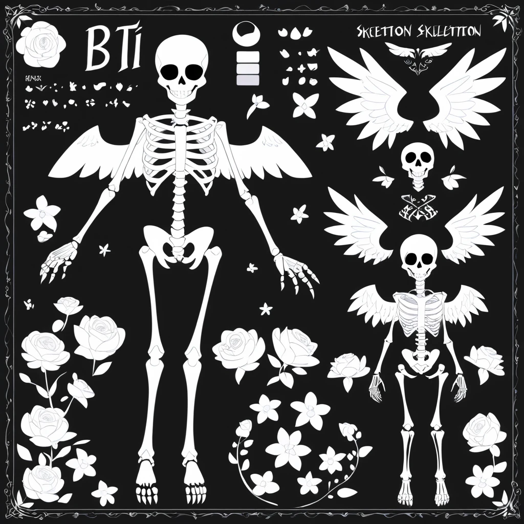 Skeleton in black clothing with flowers and wings in character design sheet art style