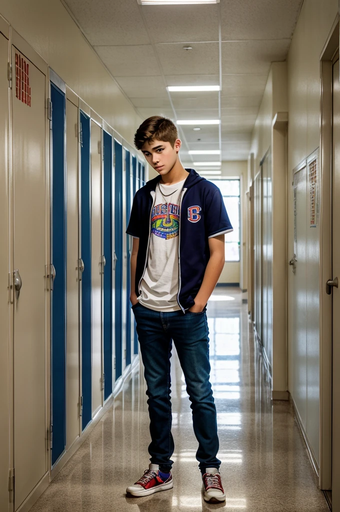 age boy, Alex, standing in a school hallway, staring at a colorful poster on the wall announcing a talent show. He looks thoughtful and slightly anxious. The hallway is decorated with lockers and bulletin boards.