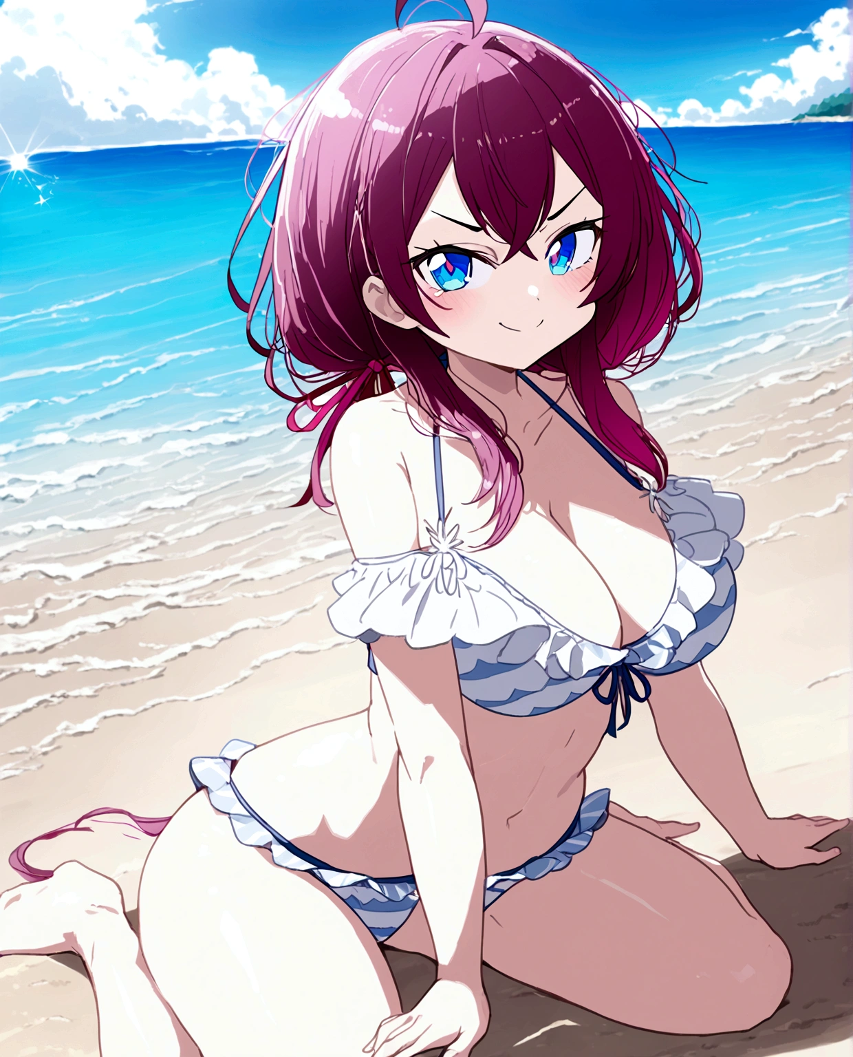 1girl, alya, white hair, long hair, hair ribbon, blue eyes, bikini, in all four, smug face, beach, anime style, 2D, thicc, neko pose