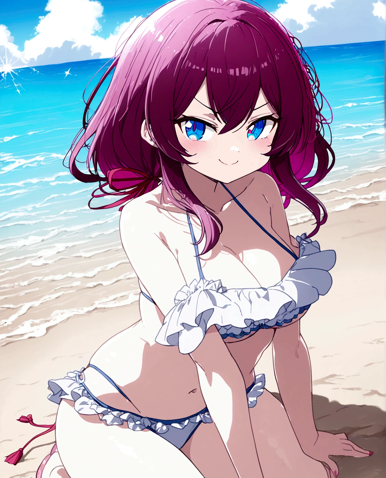 1girl, alya, white hair, long hair, hair ribbon, blue eyes, bikini, in all four, smug face, beach, anime style, 2D, thicc, neko pose
