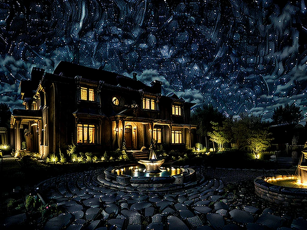 (((Masterpiece))), (high quality),(A small, dark mansion,One-storey,Darkness is spreading,Cobblestone garden,Broken fountain:1.5),(Late Night,Starry Sky:1.5),(There is no one here:1.5),(Long Shot,Photograph the entire Western-style building:1.5)