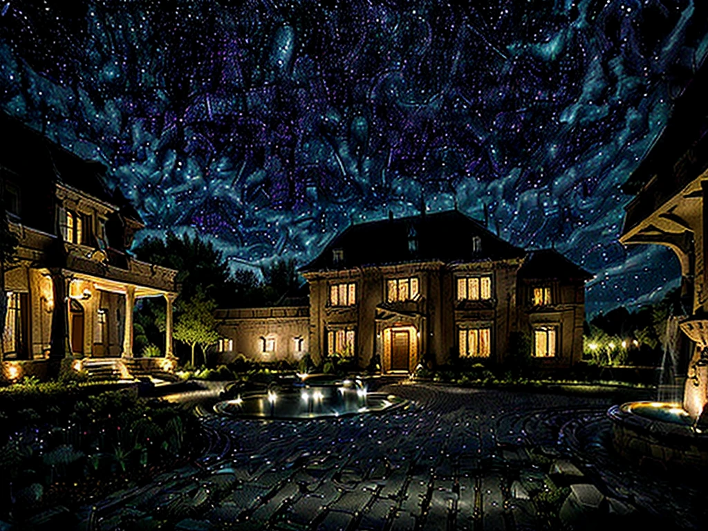 (((Masterpiece))), (high quality),(A small, dark mansion,One-storey,Darkness is spreading,Cobblestone garden,Broken fountain:1.5),(Late Night,Starry Sky:1.5),(There is no one here:1.5),(Long Shot,Photograph the entire Western-style building:1.5)