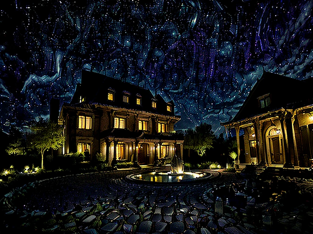 (((Masterpiece))), (high quality),(A small, dark mansion,One-storey,Darkness is spreading,Cobblestone garden,Broken fountain:1.5),(Late Night,Starry Sky:1.5),(There is no one here:1.5),(Long Shot,Photograph the entire Western-style building:1.5)