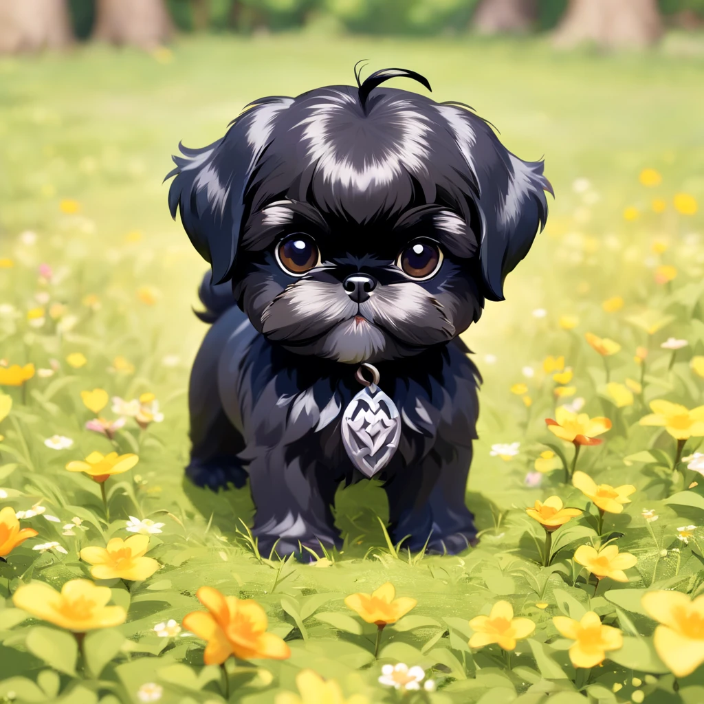 2 Adorable small black Shih Tzu puppies Pixar 3D cartoon