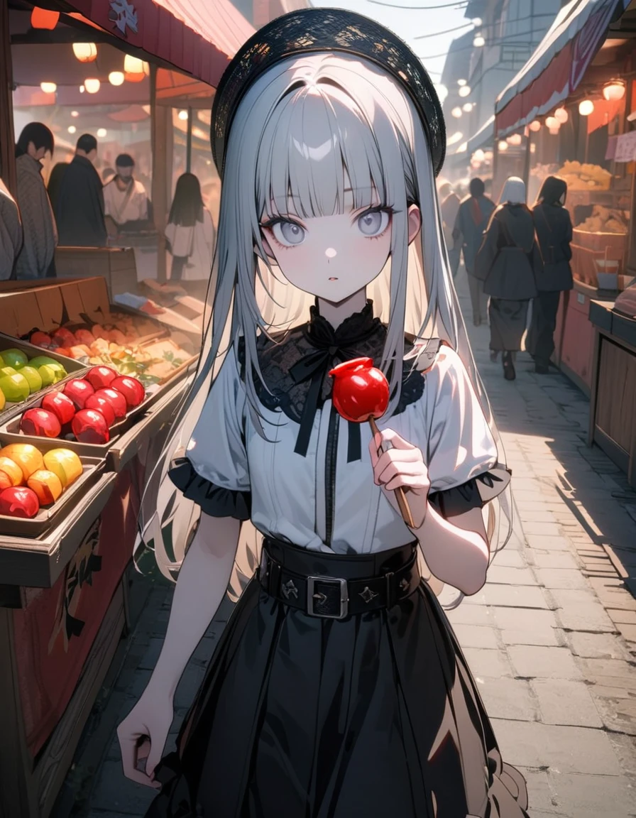 (8K, best quality, master piece: 1.2),super high resolution,1 girl,独奏,,ultra-detailed face,detailed eyes,silver eyes,blunt bangs,silver hair,Straight hair,Long hair,pale skin,white short sleeve petal collar blouse,black tiered skirt,black Fascinator,expressionless,lash extension,parted lips,Gothic platform black pumps with belt,Rim Light,perfect hands, perfect fingers,folding a Candy apple,Walking,festival,morning,Rows of food stalls