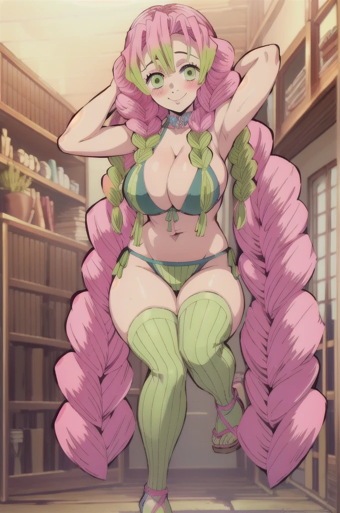 (masterpiece, best quality), intricate details,
MitsuriKanroji, kanroji mitsuri, 1girl, solo, long hair, winking, green eyes, pink hair, braid, green hair, twin braids, smile, cute smile, blushed smile, blush, blushing, large breast, huge breasts, bikini top, collarbone, neck, bare shoulders, pink bikini top, cleavage, hands behind head, legs bent, plain background, white background