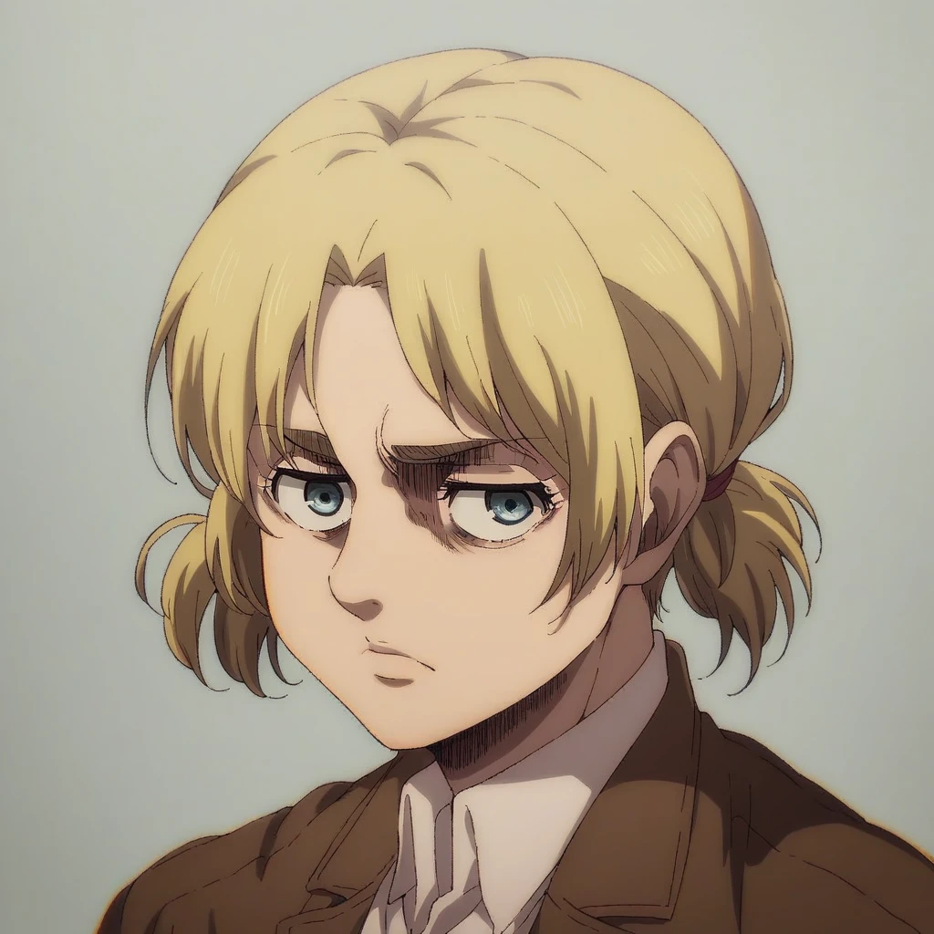 shingeki_no_kyojin_s4_style, portrait, solo, riko
twintails
blonde hair
brown short-sleeved jacket