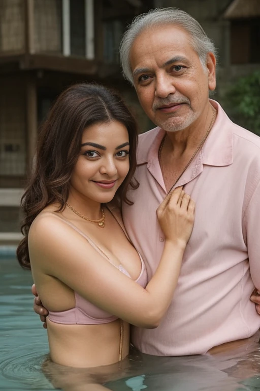 Day scene,kajal and Oldman, Indian black old man, couple pose, a Oldman and kajal in under the water fall, black bra and Naked, detailed old man, old man gripping kajal waist,big cheeks, curvy, Hollywood lips, wet navel, deep cleavage, necklace, erotic face, 36 yo, ponytail, look at viewer and smile, (cinematic:1.3), intricate details, (ArtStation:1.2),Oldman and beautiful girl posing to viewers, detailed Oldman, old man waist gripping, romantic pose,