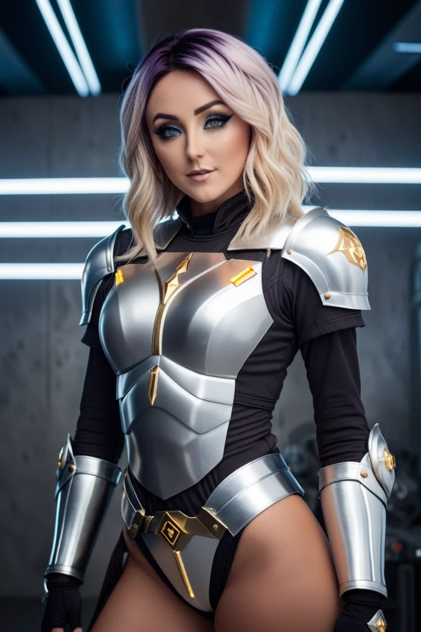 cinematic photo a photograph of a blonde Jessica Nigri wearing SILVER armor at observatory. 35mm photograph, film, bokeh, professional, shot by david lachapelle, 4k, highly detailed