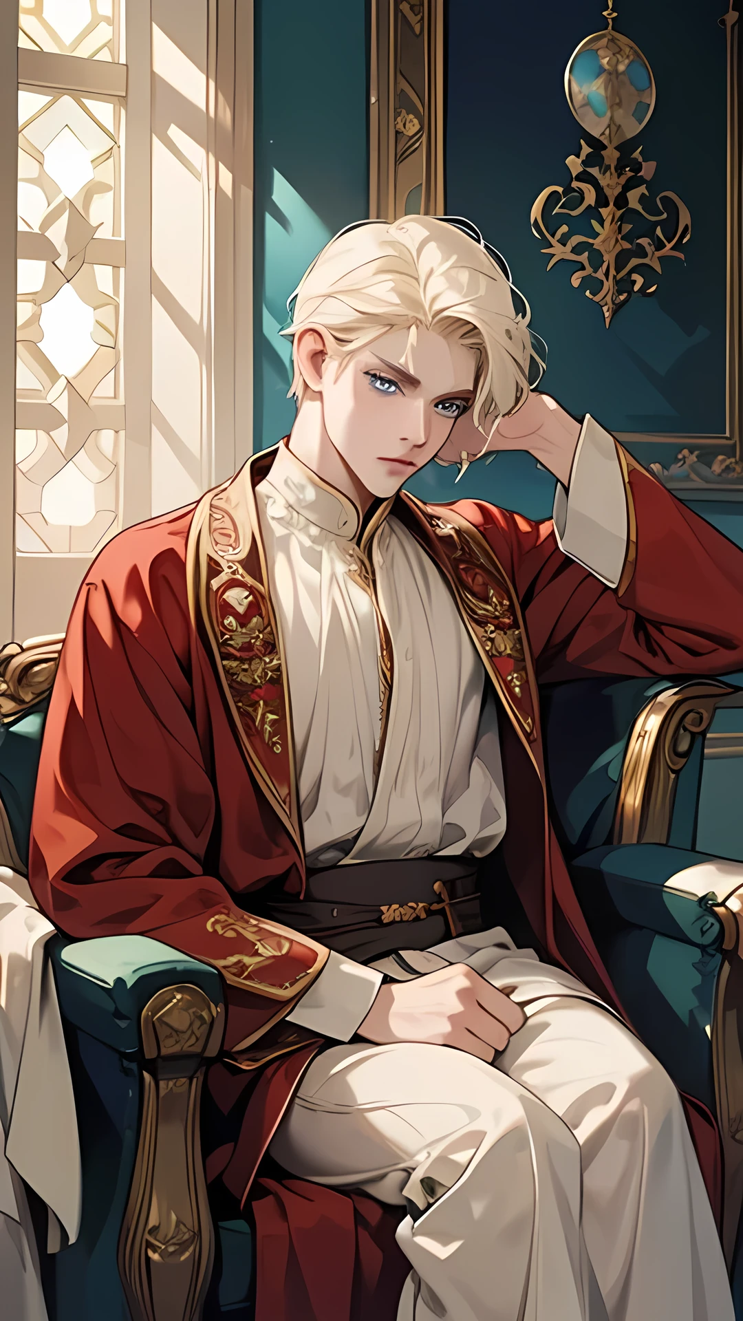 Best quality,a man with pale blond hair and snow white skin is sitting on a throne in a empty throne room the man has blue eyes and is wearing a red robe the man is slightly muscular but mostly skinny the man is sitting on the throne a hint of sunlight touches his face seeing only a glimmer of his beauty the man sits on the throne with a elegant yet bored expression the man is resting his head on his hand in a dominant position,the man his wearing a luxurious Gordon Crown,