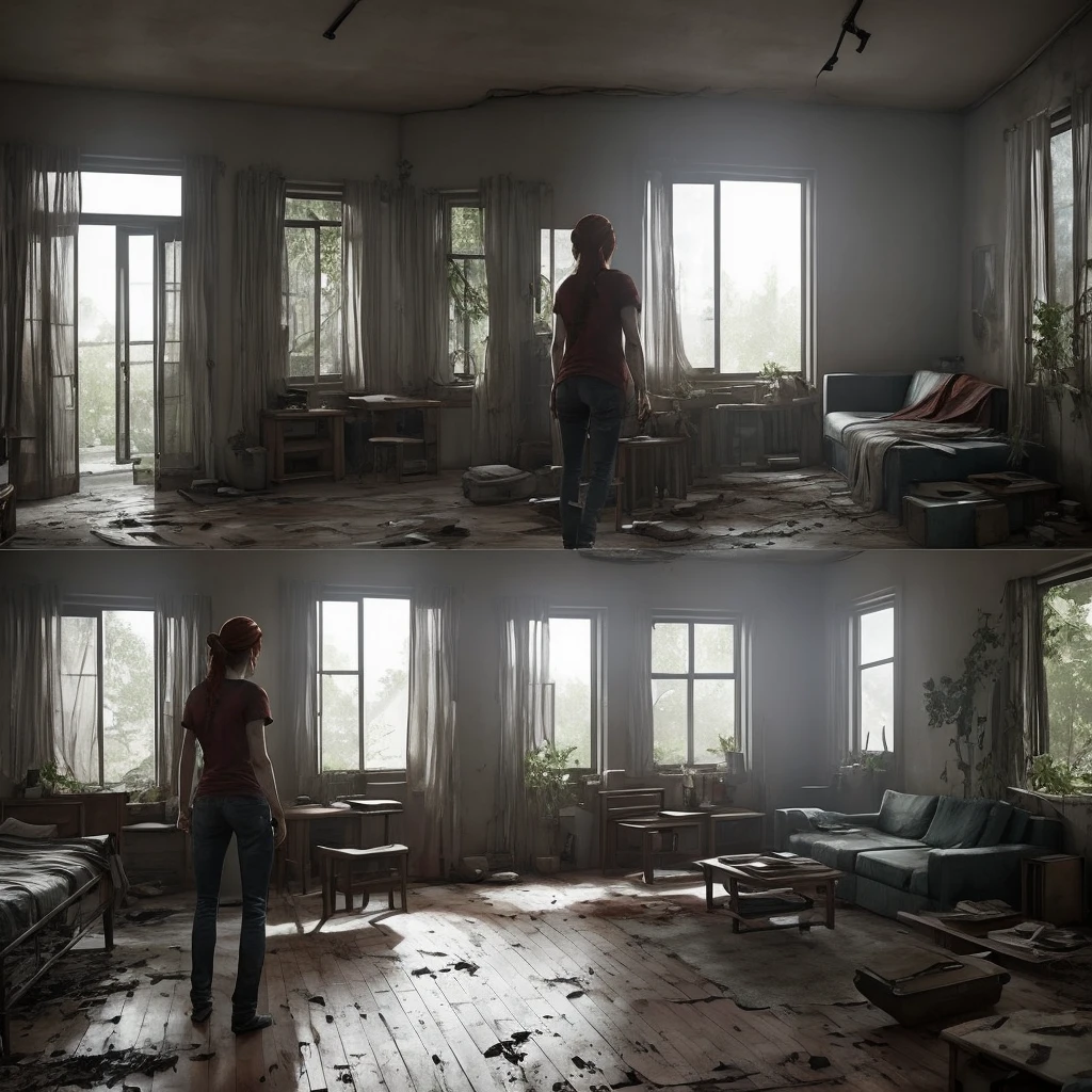 I'd like to create a red-haired woman, tying her hair, while she's in her apartment (not very in good condition). The last of us part 1 theme. She's alone. He has a white T-shirt and his jeans are flared. The Last of Us style, in survival. 