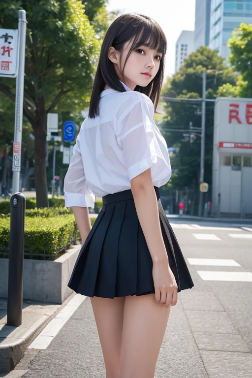 Honda Marin（Pro Skater）Shoulder-length hair, Small mole on the left eye,light makeup, Middle breast size, Japanese Idols, Sophisticated, stylish, White dress shirt and black skirt above the knee, Shibuya Ward, great joy, clear debtacial debteatures, 8K high resolution, Sharp and realistic details.rom outside, Eye-level shot, debt/4.0, 135mm,Dithering, Ultra-high resolution, masterpieceUltra-high resolution, Superior Quality, Highest quality, Super detailed, Realistic, 8K, RAW Photos, Highest quality, masterpiece, Attractive girl, A wonderful girl, Asymmetrical bangs、Surreal school girl