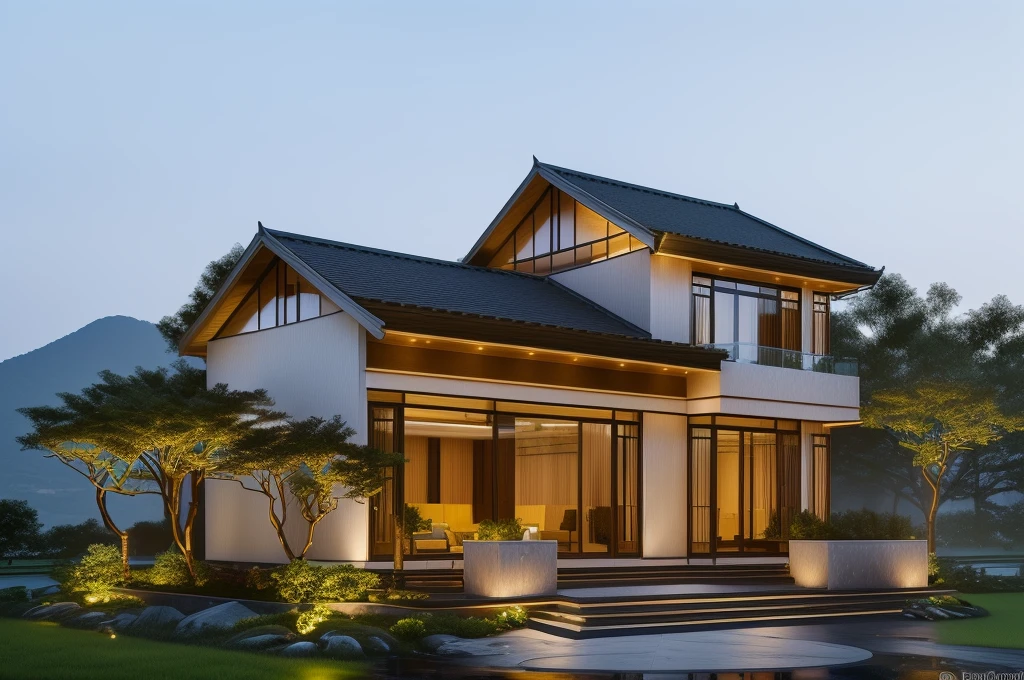 3D render of a beautiful house. The house is adorned with elegant lighting and plants to enhance its exterior appearance in a Vietnam city street, Behind are hills and mountains with clear blue sky. Aerial view of the tranquil garden with lush green grass, winding paths leading to an elegant koi pond surrounded by ornamental fish and tropical plants. This space creates natural beauty that can be used as a serene spot to relax or enjoy nature. The main door is made of aluminum and glass reaching to the ceiling. Ground floor full glass door, The main door is made of art glass, the windows are large and the ceiling is made of glass. Looking into the house through the middle glass window is the living room, the left glass window is the kitchen, the right glass window is the bedroom, interior lighting rendering and lighting effects. It is an architectural rendering with a perspective view and daylight lighting. taken with professional photography techniques, using a wide angle lens with bright natural light and high resolution details, in the style of photorealistic architectural rendering, in the style of professional photograph, hyper realistic, highly detailed.