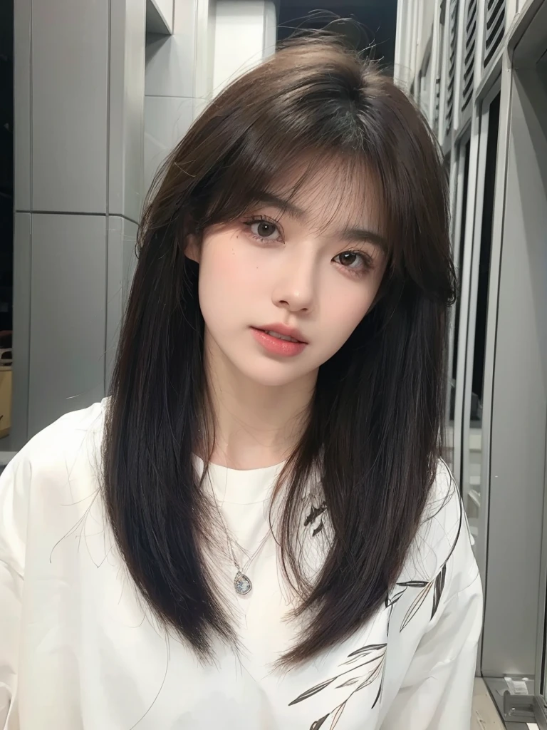 Long straight cold brown hair，Natural and beautiful air bangs，Natural and beautiful hair，The background is simple and atmospheric