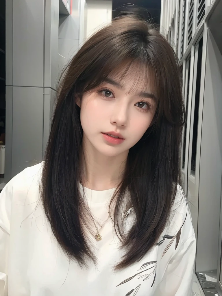 Long straight cold brown hair，Natural and beautiful air bangs，Natural and beautiful hair，The background is simple and atmospheric