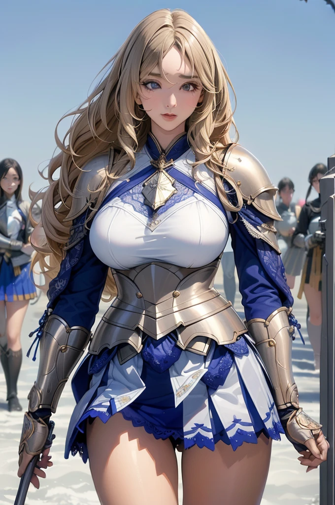 Very beautiful woman、Slender women、(Detailed face)、Realistic Skin、((Holy Knight)), ((Platinum Armor))、((((Extremely detailed and intricately decorated armor:1.1))))、((Delicate photo))，(Girl Astepeace RAW Photo Details:1.25), (Highest quality:1.6), (Ultra-high resolution:1.5), (Realistic:1.75), 8K resolution, Canon EOS R5, 50mm, Absurd, Very detailed,Cinema Lighting,((Fightfield))、((Fight))、(((White Embellished Micro Skirt)))、Thigh-high socks、Shingard、((blonde))、((Curly Hair))、((Drill Hair))、((Wavy long hair,))、Cape、Beautiful Armor、(((Has a huge weapon)))、(In combat)、The wind is blowing、((Symmetrical armor))、((((Blizzard))))、(((Lead a large group of knights:1.2)))、banner、(((Battle Scenes)))、((Browsing Caution:1.2))、((Her blue lace high leg micro panties are visible:1.5)))、((Skirt lift fluttering in the wind:1.4))