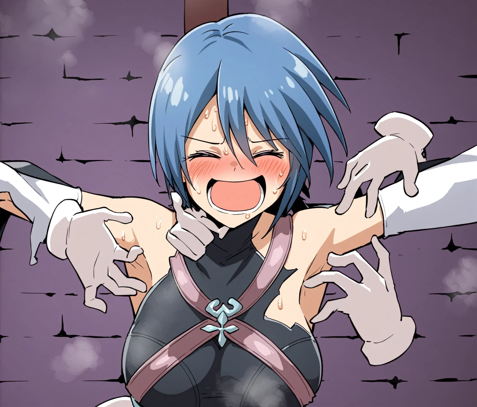 an extremely delicate and beautiful girls with her arms up,(laughing:1.4),(big mouth:1.1),open mouth,happy,(frown:1.3),(pain face),crazy smile,blush,sweat,(white gloves),(her armpits tickling with white gloves),White gloves tickling girl's armpits,((trembling)),tears,drooling,(((masterpiece))), (((best quality))), (official art), ((extremely detailed CG unity 8k wallpaper)), (Best character details), ((ultra-detailed)), (illustration), (dynamic angle),