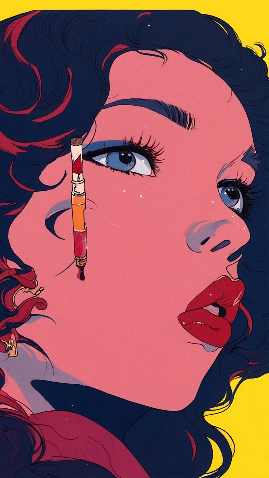 illustration of a woman with a cigarette in her mouth, satoshi kon artstyle, inspired by Harumi Hironaka, inspired by Tomer Hanuka, colorful illustration, in style of digital illustration, jen bartel, in style of laurie greasley, laurie greasley and james jean, illustration style, inspired by Asaf Hanuka