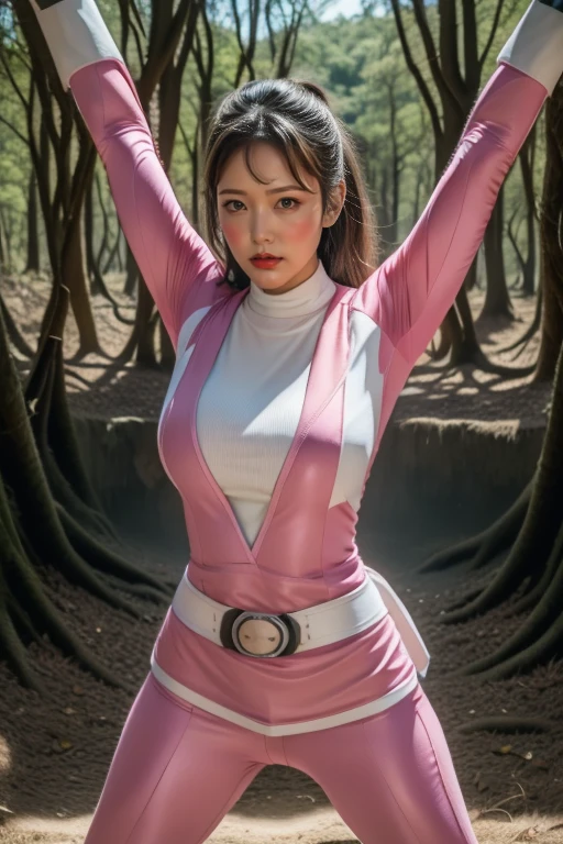 pink theme,pink ranger suit、curvy, big breats, full body, tied on Saint Andrew's cross in X position, screaming in pain, crying, eyes are closed tight