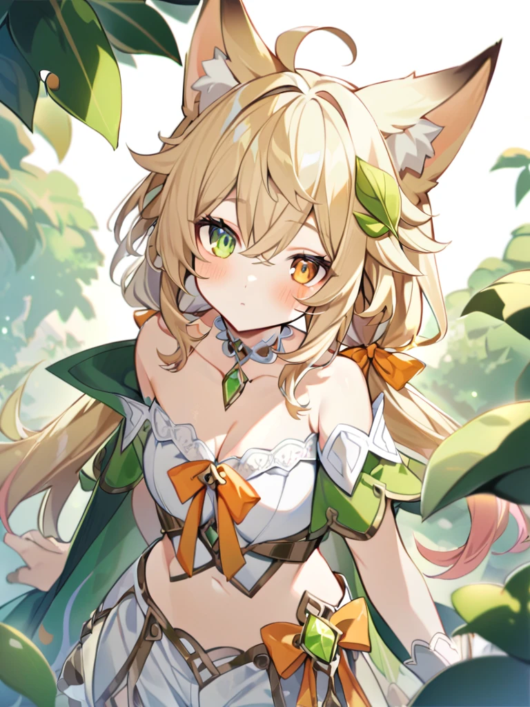 1boy, bangs, choker, gem, green cape, green eyes, green gemstone, hair between eyes, leaf, leaf hair ornament, long hair, looking at viewer, male focus, , pink hair, shirt, short sleeves, solo, upper body,ears , separate green ears, genshin clothes, funny guy , in full growth He stands in the forest in a place with a fox girl 1girl, The fox girl,bangs, bare shoulders, blonde hair, blush, bow, breasts, white cleavage, cropped torso, , green eyes, hair ribbon, heterochromia, stlooking at viewer, , orange bow, orange eyes, orange ribbon, stuffed toy, twintails, upper body, full-length, white legbands, white shoes with lace and white bows, white background, wrist cuffs, yellow eyes, bloomers, close-up, fair skin frills, lace, midriff, skirt, solo, , white background,shorts, white top with ribbon and lace and trousers,trousers, genshin,white slippers with a bow,All clothes are white, laceAt full height,