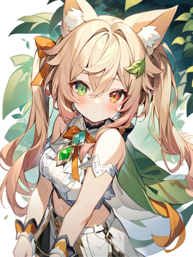 1boy, bangs, choker, gem, green cape, green eyes, green gemstone, hair between eyes, leaf, leaf hair ornament, long hair, looking at viewer, male focus, , pink hair, shirt, short sleeves, solo, upper body,ears , separate green ears, genshin clothes, funny guy , in full growth He stands in the forest in a place with a fox girl 1girl, The fox girl,bangs, bare shoulders, blonde hair, blush, bow, breasts, white cleavage, cropped torso, , green eyes, hair ribbon, heterochromia, stlooking at viewer, , orange bow, orange eyes, orange ribbon, stuffed toy, twintails, upper body, full-length, white legbands, white shoes with lace and white bows, white background, wrist cuffs, yellow eyes, bloomers, close-up, fair skin frills, lace, midriff, skirt, solo, , white background,shorts, white top with ribbon and lace and trousers,trousers, genshin,white slippers with a bow,All clothes are white, laceAt full height,