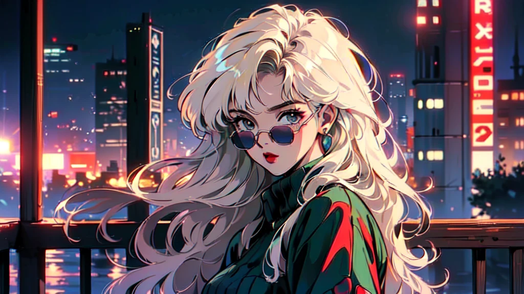 (80's, Retro, City Pop:1.5), (Album cover), (masterpiece, Highest quality, Exquisite detail), (anime, figure), (pastel colour:1.3), Best Photo Poses, Dynamic Angle,girl, alone, cool, Delicate face, Wearing sunglasses, Blonde Hair, Cityscape, City of night,
