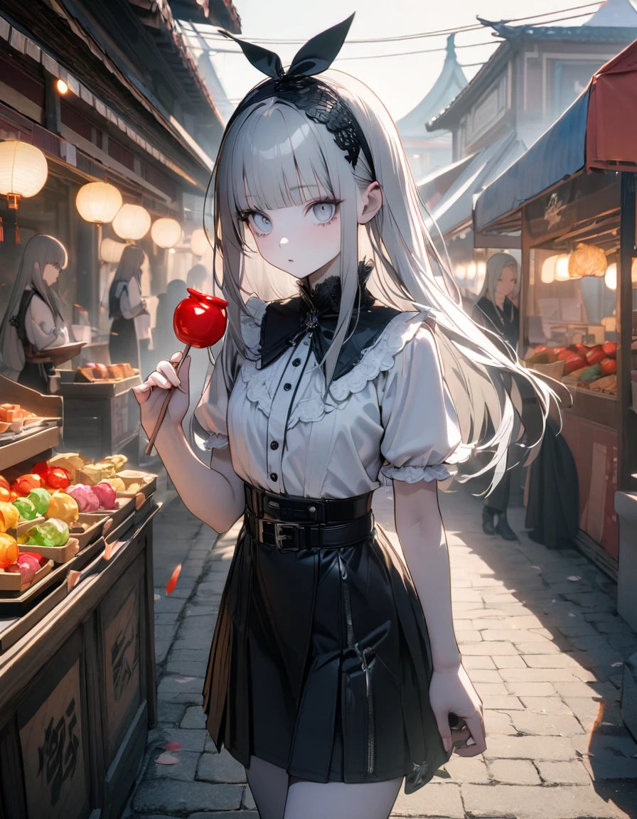 (8K, best quality, master piece: 1.2),super high resolution,1 girl,独奏,,ultra-detailed face,detailed eyes,silver eyes,blunt bangs,silver hair,Straight hair,Long hair,pale skin,white short sleeve petal collar blouse,black tiered skirt,black Fascinator,expressionless,lash extension,parted lips,Gothic platform black pumps with belt,Rim Light,perfect hands, perfect fingers,folding a Candy apple,Walking,festival,morning,Rows of food stalls