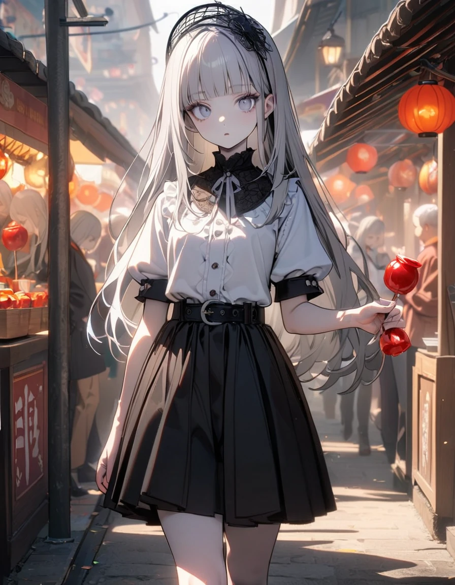 (8K, best quality, master piece: 1.2),super high resolution,1 girl,独奏,16yo,ultra-detailed face,detailed eyes,silver eyes,blunt bangs,silver hair,Straight hair,Long hair,pale skin,white short sleeve petal collar blouse,black tiered skirt,black Fascinator,expressionless,lash extension,parted lips,Gothic platform black pumps with belt,Rim Light,perfect hands, perfect fingers,folding a Candy apple,Walking,festival,morning,Rows of food stalls