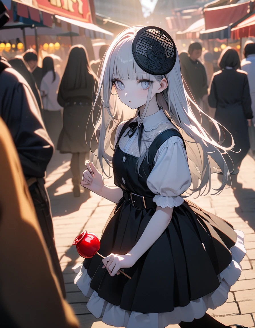 (8K, best quality, master piece: 1.2),super high resolution,1 girl,独奏,16yo,ultra-detailed face,detailed eyes,silver eyes,blunt bangs,silver hair,Straight hair,Long hair,pale skin,white short sleeve petal collar blouse,black tiered skirt,black Fascinator,expressionless,lash extension,parted lips,Gothic platform black pumps with belt,Rim Light,perfect hands, perfect fingers,folding a Candy apple,Walking,festival,morning,Rows of food stalls